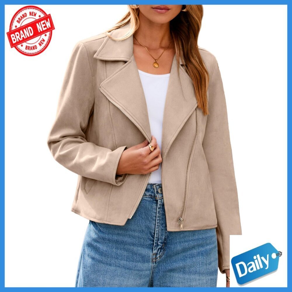 Faux Suede Cropped Biker Jacket Long Sleeve Zipper Front Casual Moto